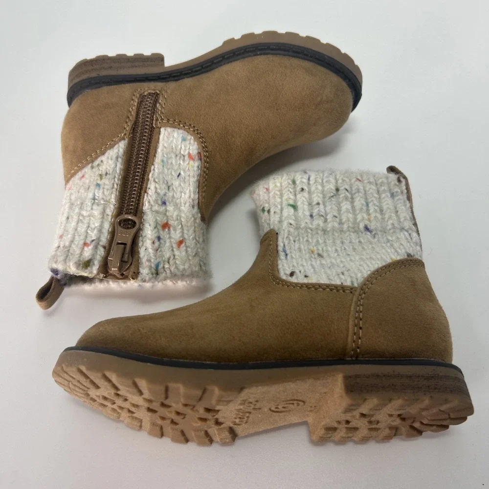 Cat and Jack Toddler Girls'  Emmaline Zipper Booties Sz 6, Cognac Speckled Cuffs